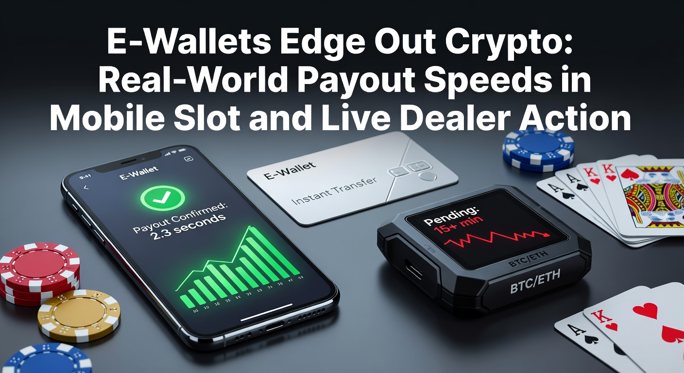 Digital wallet icons speeding past cryptocurrency symbols on a mobile casino screen, highlighting payout velocity in slots and live games