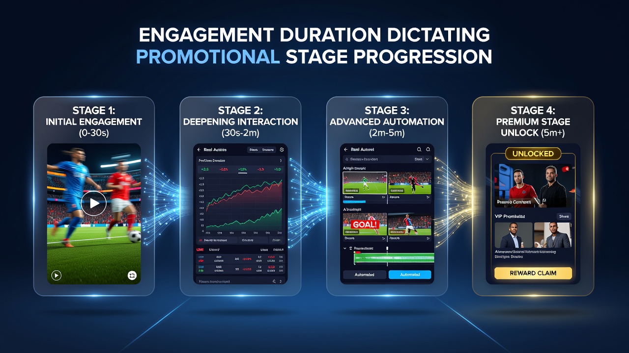 Visual representation of user engagement timelines influencing promotional unlocks across automated reel and sports prediction interfaces