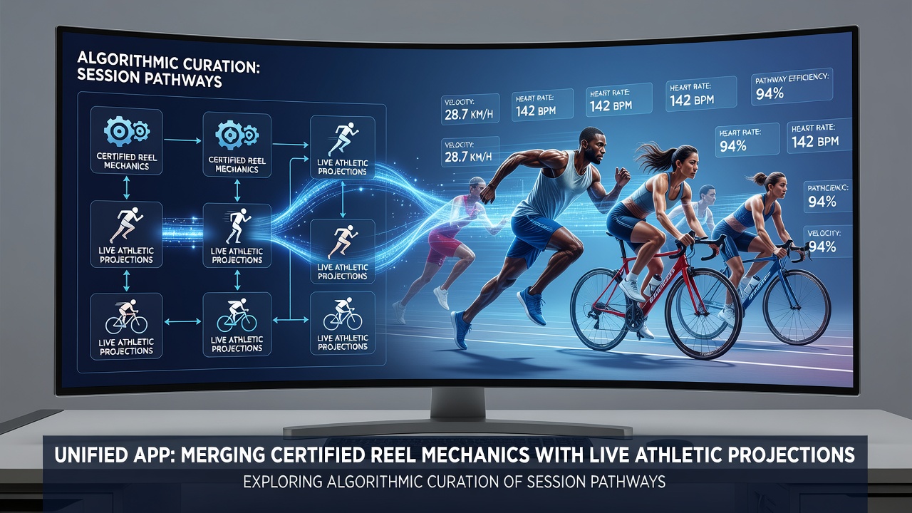 Unified app interface showing algorithmic pathways between certified reel mechanics and live athletic projections