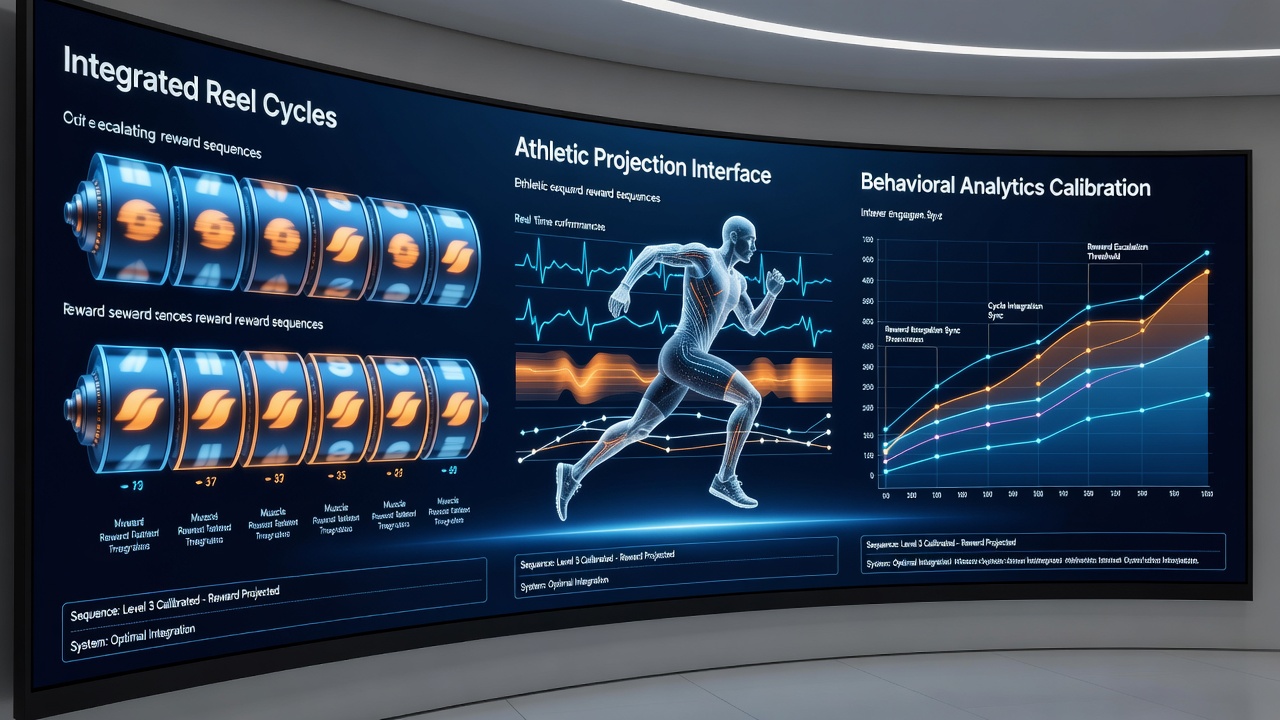Behavioral analytics dashboard showing reward calibration across reel cycles and sports projection interfaces