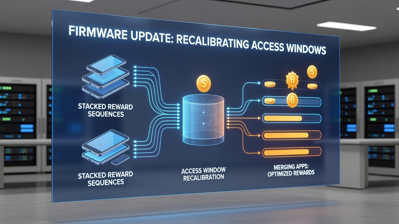 Close-up of mobile device settings showing firmware version details next to reward tracking dashboard in a contest projection application