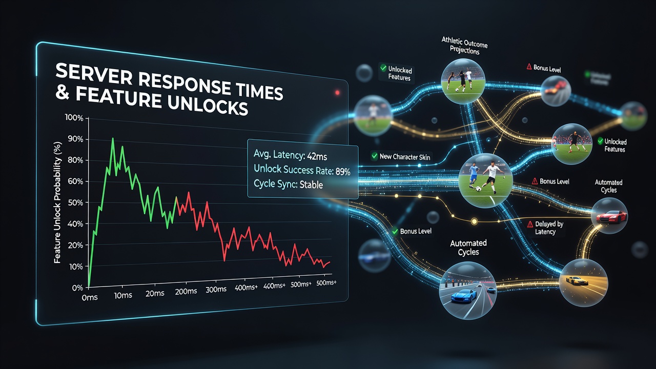 Server infrastructure diagram showing response time metrics across automated gaming cycles and live sports projection interfaces