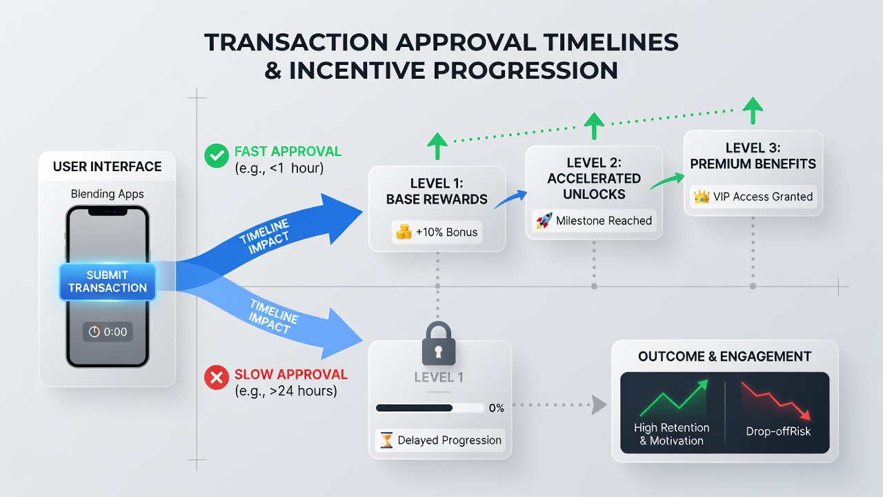 Diagram mapping approval timelines to incentive tier progression in mobile apps with reel and sports features
