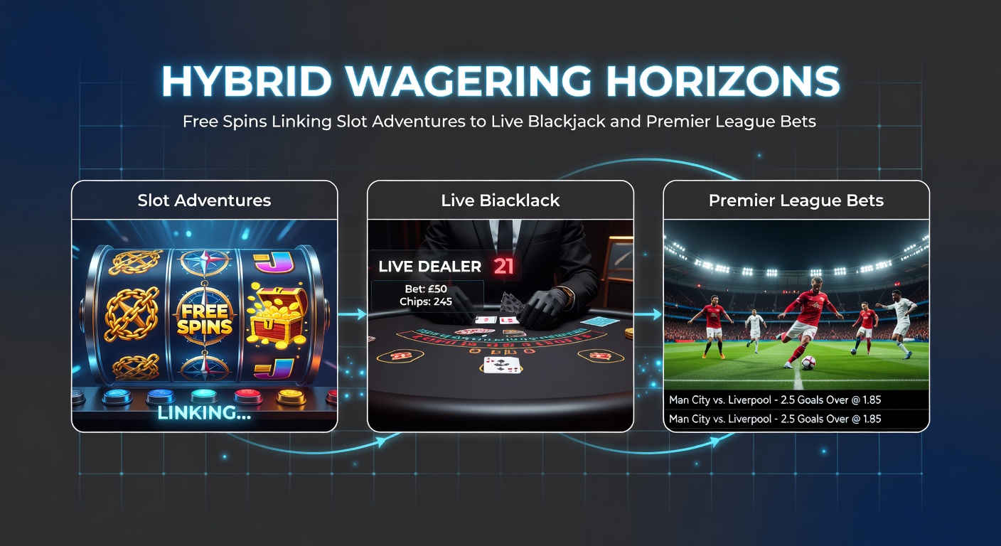 Dynamic graphic showing free spins from colorful slot reels transitioning into live blackjack cards and Premier League football pitches, illustrating hybrid wagering connections