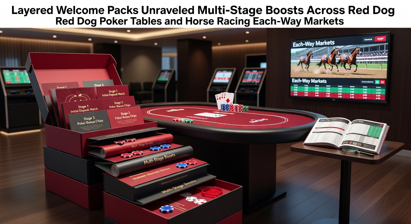 Layered welcome pack diagram showing multi-stage bonuses unlocking across poker tables and horse racing bets
