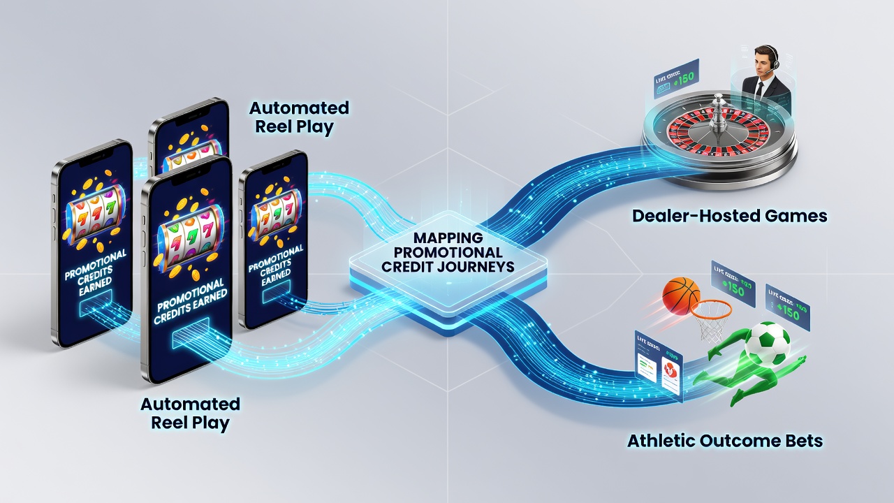 Mobile app interface showing promotional credits transferring between slot reels, live dealer tables, and sports betting sections