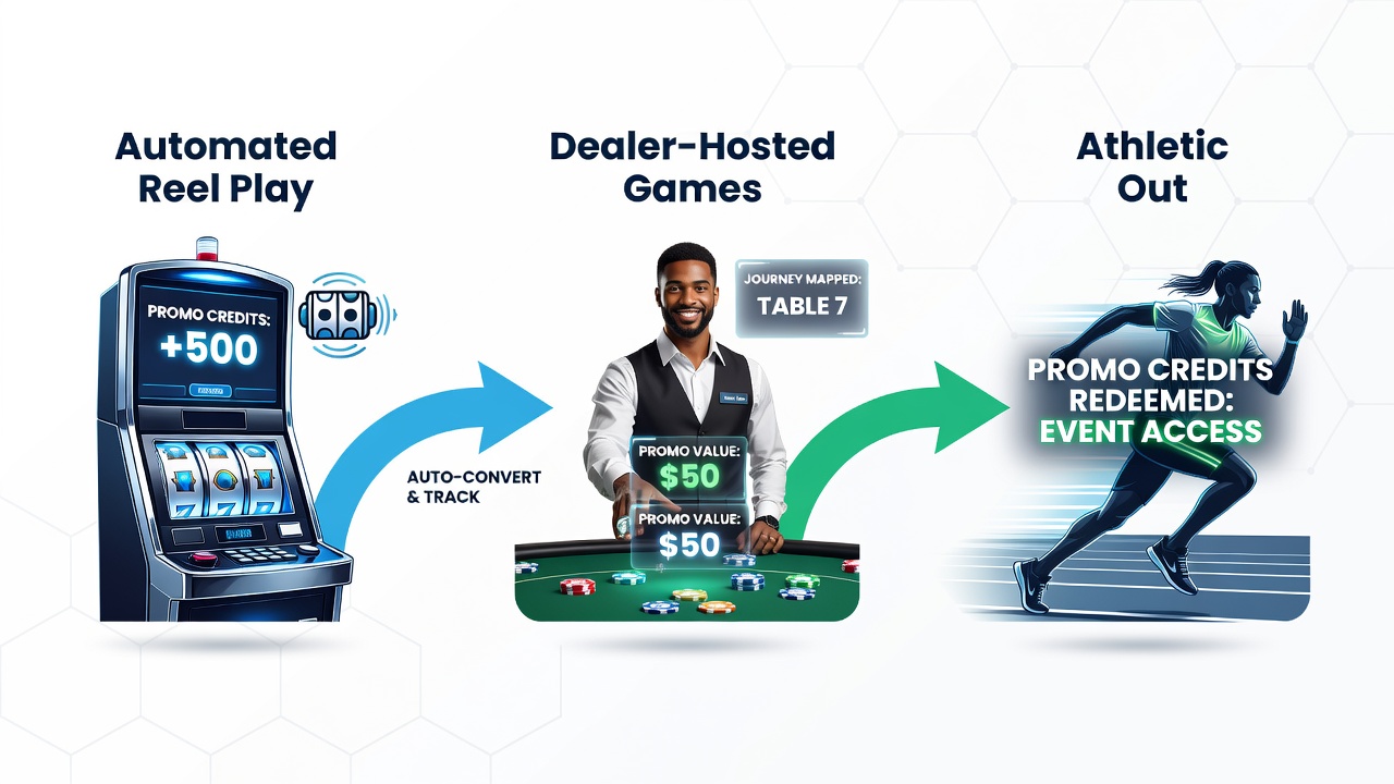 Flowchart diagram illustrating credit movement across mobile reel play, live dealer games, and sports betting outcomes