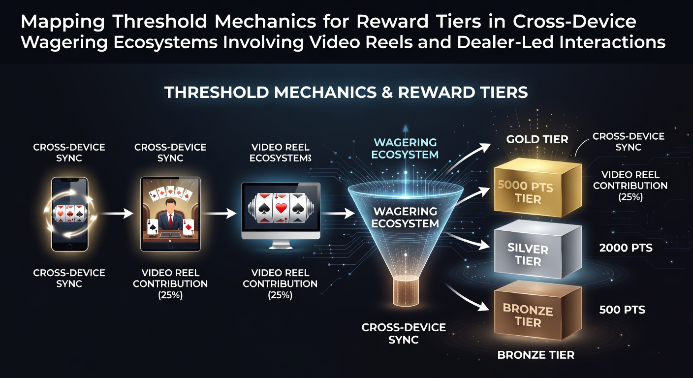 Diagram illustrating threshold mechanics and reward tier progression across mobile and desktop wagering platforms with video reels and live dealer elements