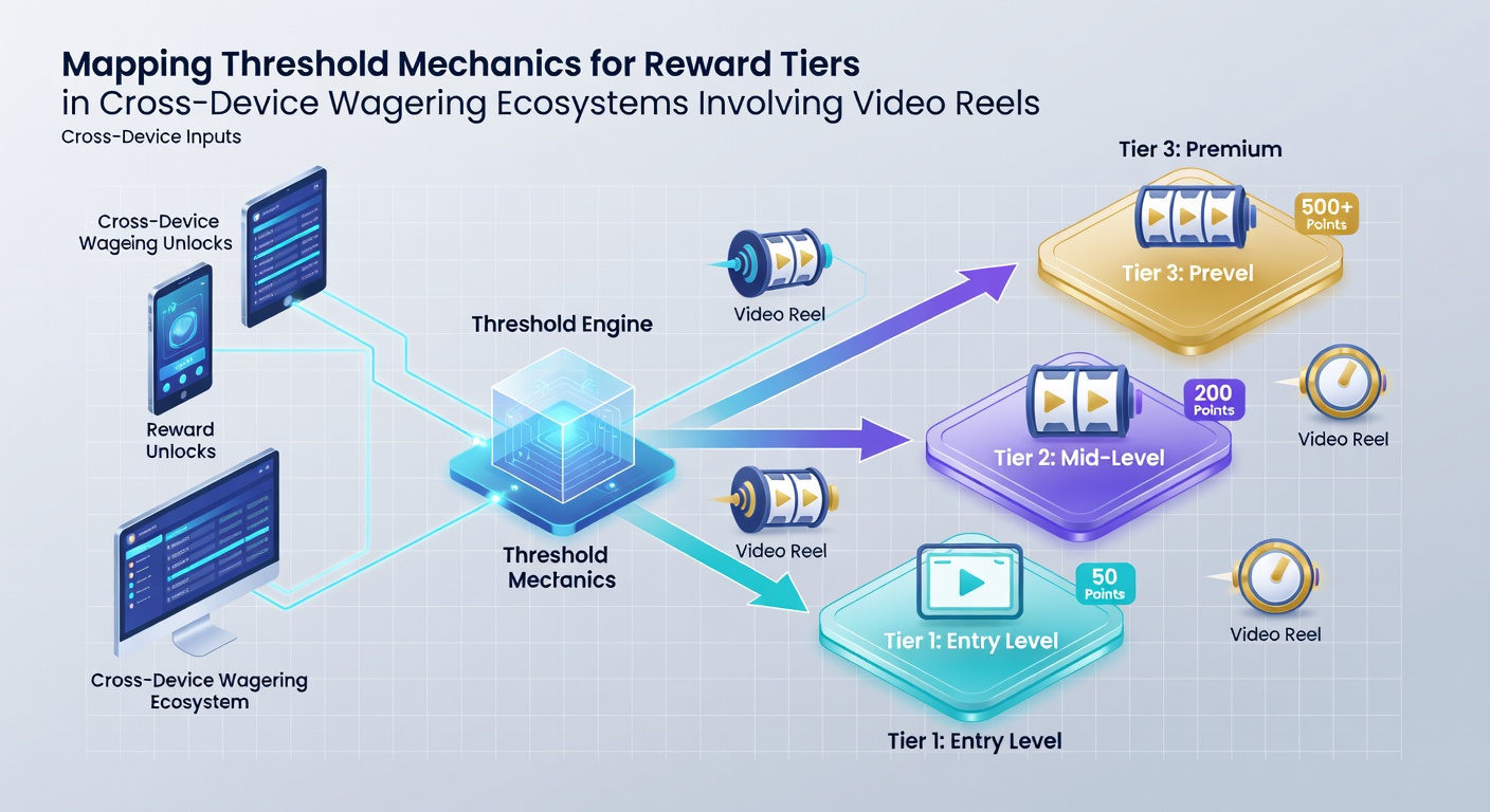 Flowchart showing reward tier thresholds mapped across video reel and live dealer wagering paths on various devices