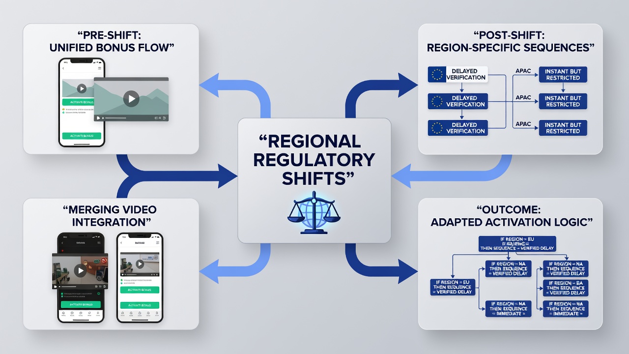 Regulatory compliance flowchart detailing altered bonus activation steps for hybrid video reel and contest wagering mobile applications