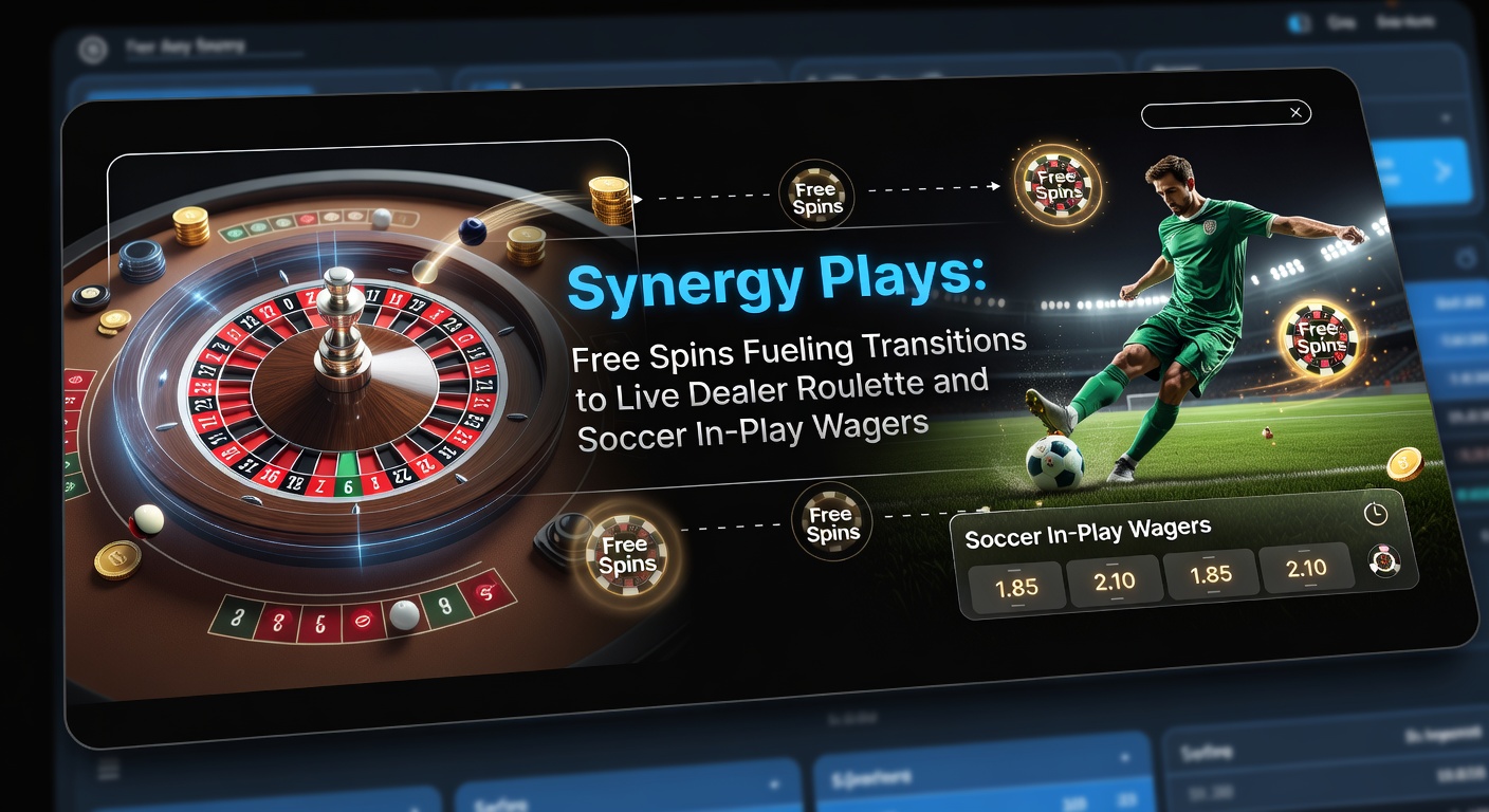 Vibrant casino interface showing free spins on slots transitioning to live roulette wheel and soccer match in-play betting odds